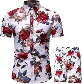 Men's Flower 2 Piece Tracksuit Shirt Casual Hawaiian Short Sleeve Shirts and Pants Suit (Color: 8, size: M)