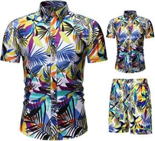 Men's Flower 2 Piece Tracksuit Shirt Casual Hawaiian Short Sleeve Shirts and Pants Suit (Color: 1, size: XL)