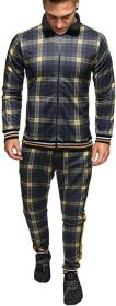 Men's 2 Pieces Tracksuits Jacket and Pants Casual Full Zip Running Jogging Athletic Plaid Sports Sweatsuits (Color: black, size: M)