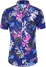 Men's Hawaiian Floral Short Sleeve Shirt Casual Flower Button Down Slim Fit Shirts (Color: Purple, size: L)