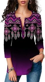 Womens V Neck Chiffon Blouses Casual Balloon Sleeve Floral Print Shirts Tops (Color: Purple-M)