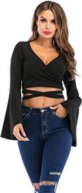 Women's Sexy Tie Up Crop Top Ladies Flared Sleeve Deep V Neck Casual Basic T Shirt (Color: BLACK-XL)