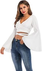 Women's Sexy Tie Up Crop Top Ladies Flared Sleeve Deep V Neck Casual Basic T Shirt (Color: WHITE-S)