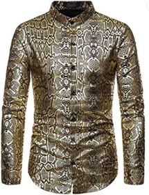 Men's Paisley Shirt Long Sleeve Dress Shirt Button Down Casual Slim Fit Shirt (Color: Gold-L)