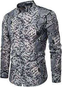 Men's Fashion Leopard Shirts Slim Fit Stand Collar Single Breasted Shirts Casual Long (Color: Bwcs white02-L)