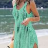 Solid Color Hollow Out Dress Without Bikini, V Neck See Through Split Crochet Cover Up Dress, Women's Swimwear & Clothing