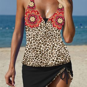 Leopard Floral Print Patchwork Tankini, Drawstring V Neck High Strech Color Block Swimsuit, 2 Piece Set, Women's Swimwear & Clothing (Color: Multicolor, size: XXL(14))