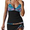 Leopard Print V Neck Halter Swimsuit, Drawstring High Strech Patchwork 2 Piece Bathing Suit, Women's Swimwear & Clothing