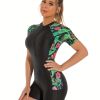 Short Sleeve Tropical Floral Print Zipper Swimsuit, Crew Neck Patchwork Medium Strech One Piece Bodysuit For Beach Sport Bathing Surfing