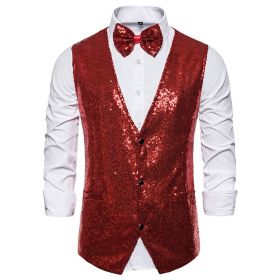 Men's Sequin Vest Shiny Suit Vest V-neck Party Dress (Color: Red, size: XL)