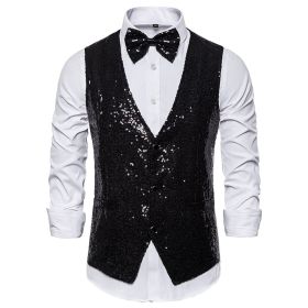 Men's Sequin Vest Shiny Suit Vest V-neck Party Dress (Color: black, size: 2XL)