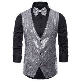 Men's Sequin Vest Shiny Suit Vest V-neck Party Dress (Color: Silver, size: L)