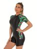 Short Sleeve Tropical Floral Print Zipper Swimsuit, Crew Neck Patchwork Medium Strech One Piece Bodysuit For Beach Sport Bathing Surfing