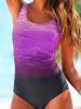 Ombre Purple Color Criss Cross Lace Up Back High Cut Tummy Control One Piece Swimsuit, Women's Swimwear