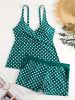 Solid Color Polka Dot Two Pieces Swimsuit, V Neck Mid-Stretch Boxer Short Bottom Bathing Suit, Women's Swimwear & Clothing